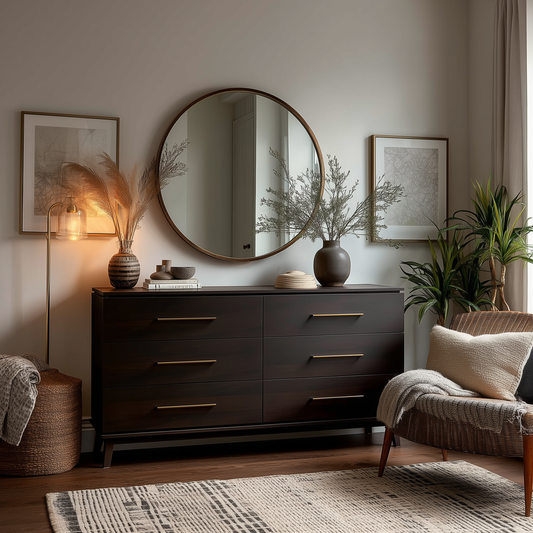 A modern bedroom features The Kingsley 6-Drawer Dresser in dark wood with gold handles, topped by a large round mirror, decorative vases, framed art, plants, and cozy neutral decor bathed in soft natural light.