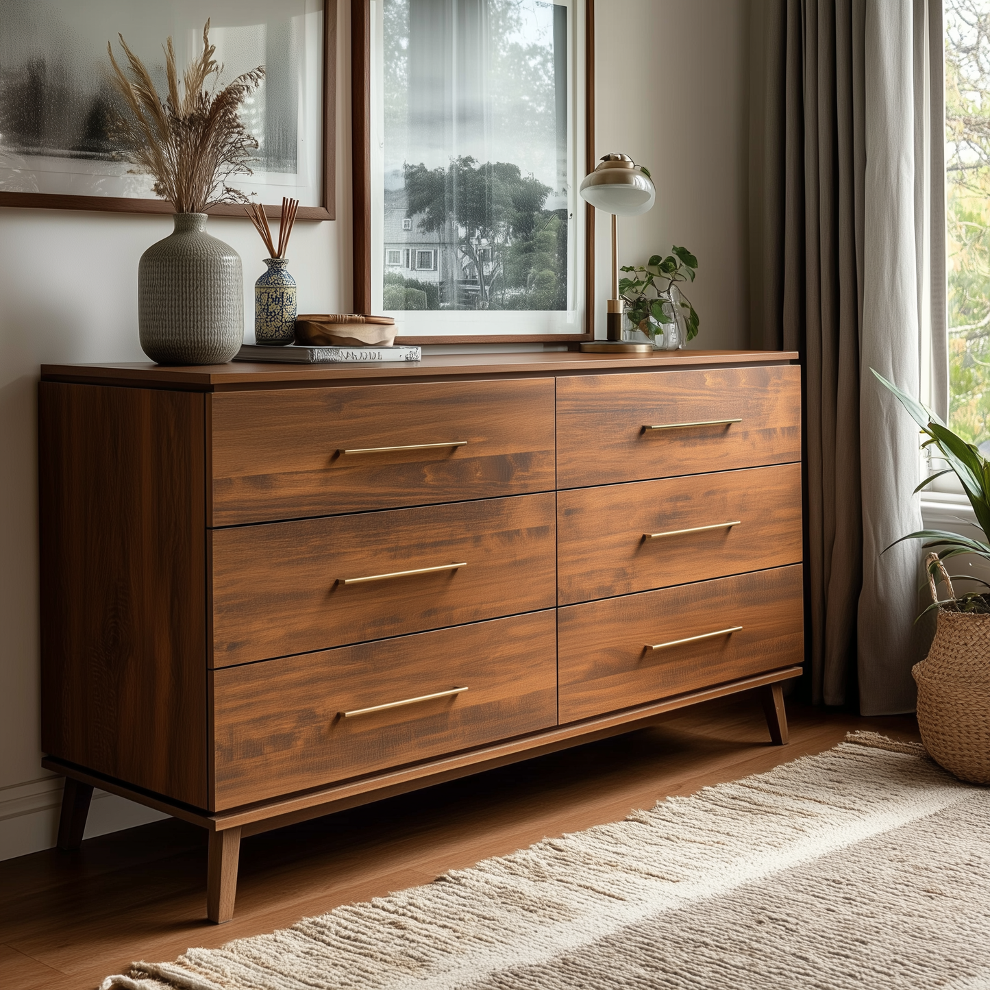 The Kingsley 6-Drawer Dresser, a mid-century modern wood piece with gold handles, stands on hardwood flooring. On top are a lamp, vase with dried flowers, potted plant, and framed photos as sunlight streams in from a nearby window.