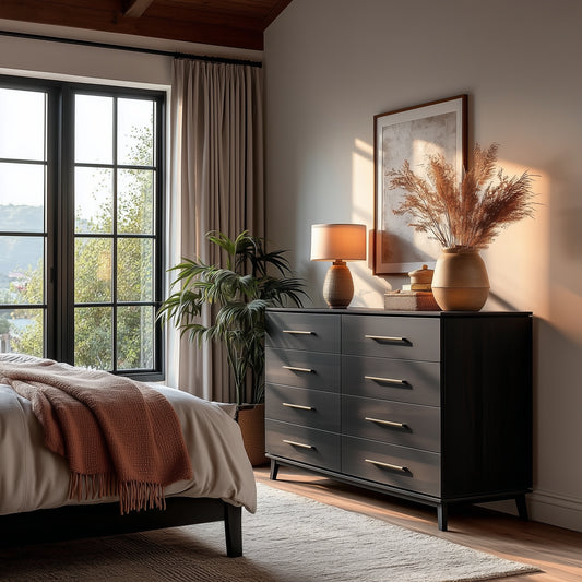 A cozy bedroom showcases The Kingsley 8-Drawer Dresser in black, topped with vases, a lamp, and framed art. Sunlight pours through large windows onto a bed with a rust-colored throw and a potted plant nearby.