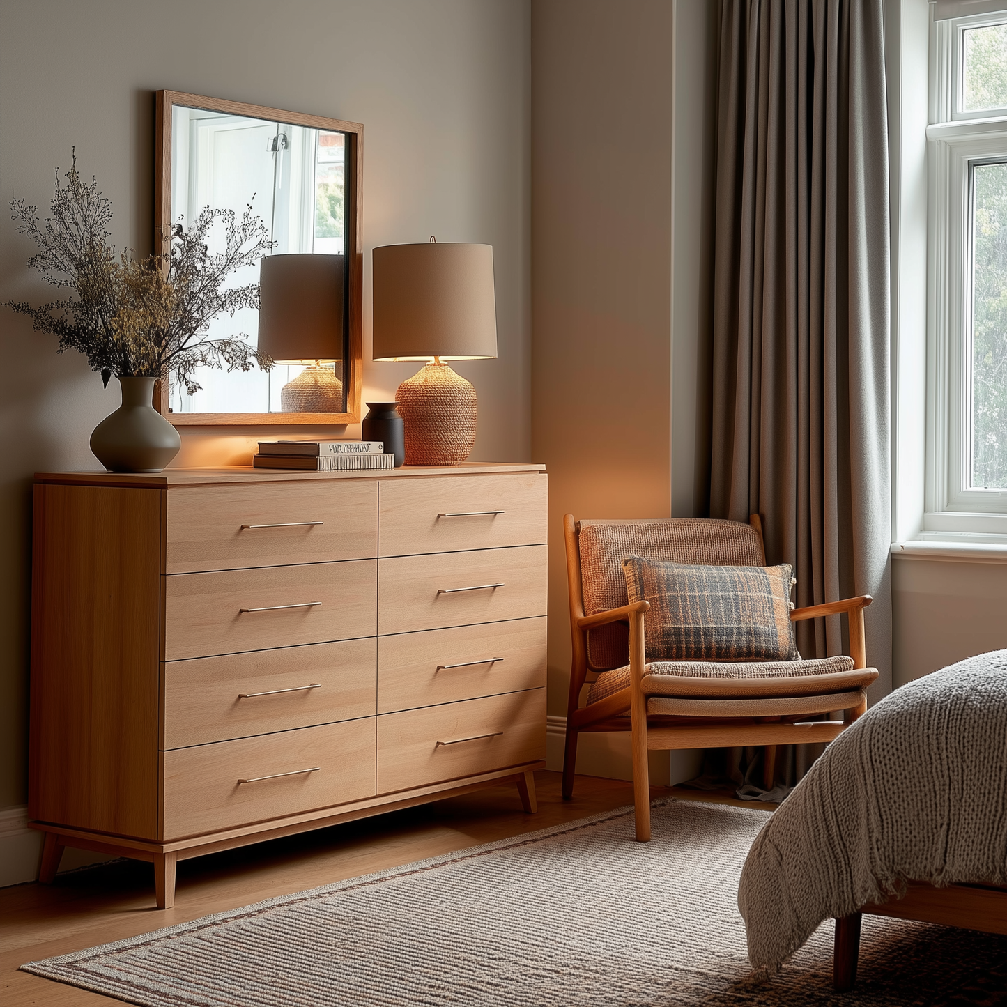 A cozy bedroom corner featuring The Kingsley 8-Drawer Dresser, a lamp, vase of dried flowers, books, an armchair with cushion, large curtained window, and part of a bed. Soft natural light fills the space.