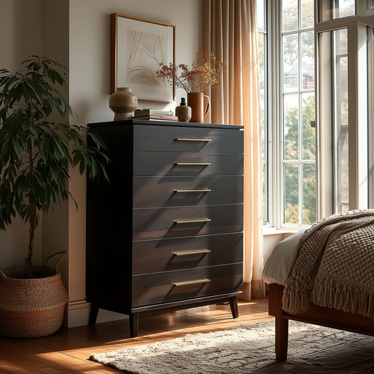 The Kingsley Chest of Drawers, a modern black dresser with gold handles, stands by a sunlit window in a cozy bedroom decorated with artwork, vases, books, a potted plant, and a woven basket on a wooden floor.