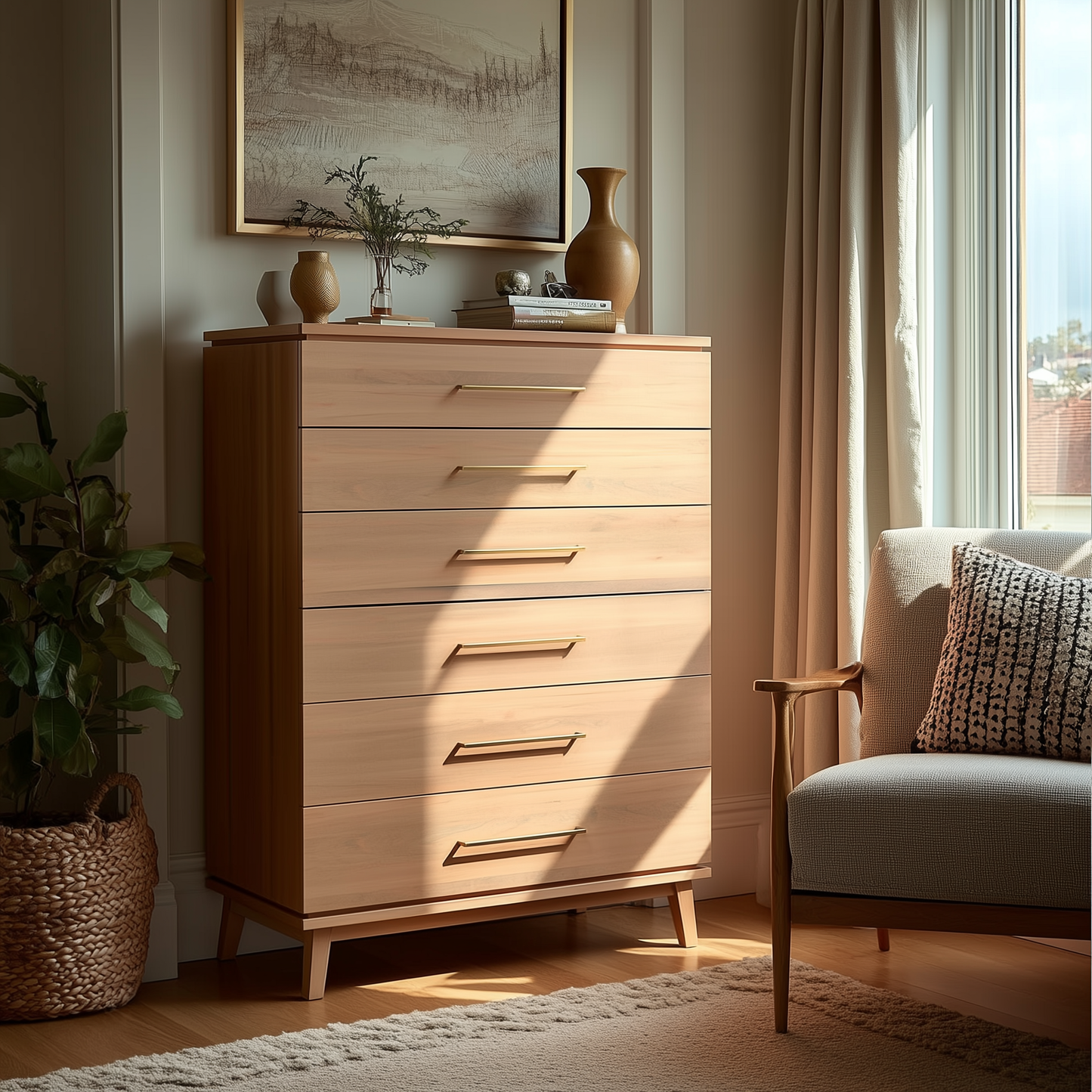 The Kingsley Chest of Drawers, a tall wooden dresser with six drawers, sits by the window bathed in sunlight. On top are decor accents and a plant, with a framed picture above and an armchair and woven basket nearby.