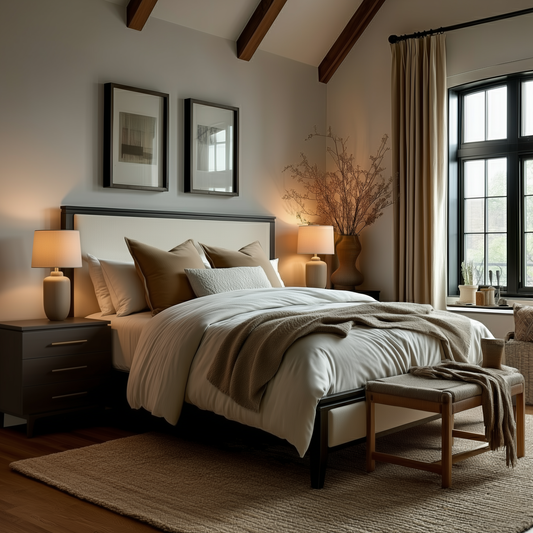 A cozy, modern bedroom features The Kingsley Bed with beige and brown bedding, matching nightstands and lamps, a woven bench, large curtained window, soft lighting, and neutral decor with wood accents for a warm atmosphere.