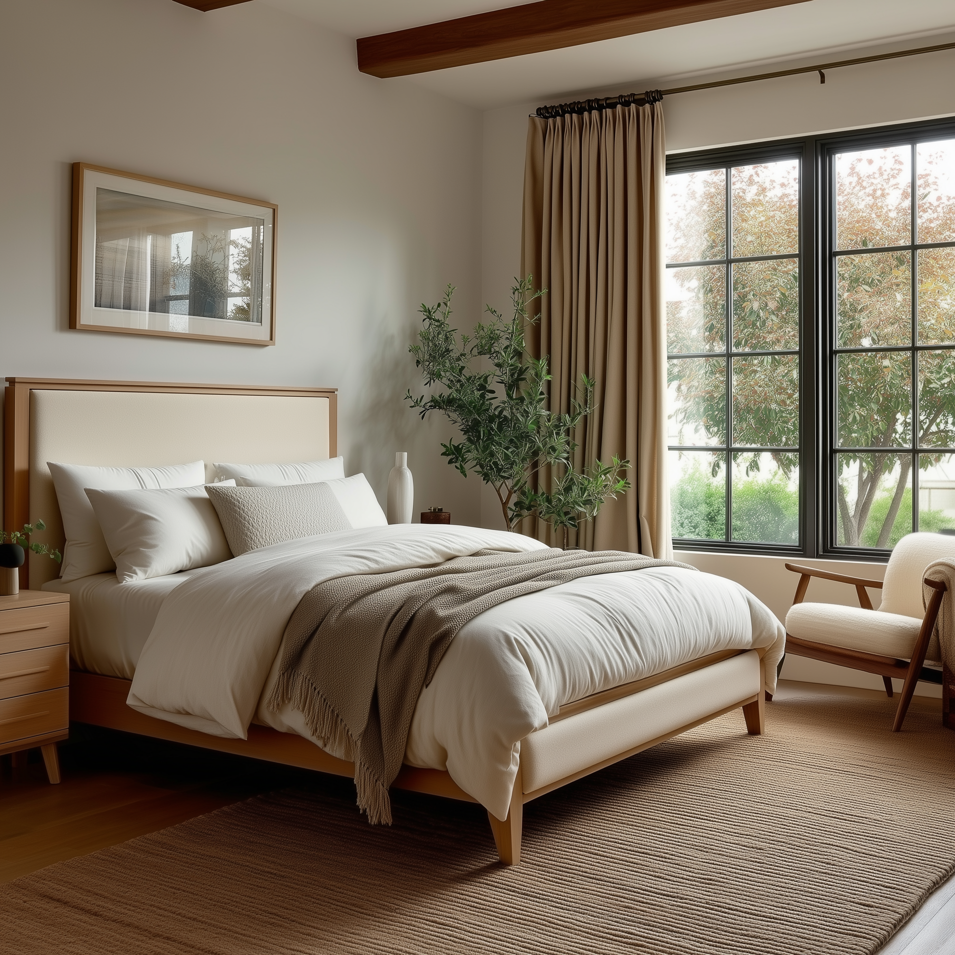 A modern bedroom features The Kingsley Bed with beige bedding and a throw blanket. Large windows fill the space with light, complemented by a potted plant, wooden nightstand, armchair, and a soft brown rug on the floor.