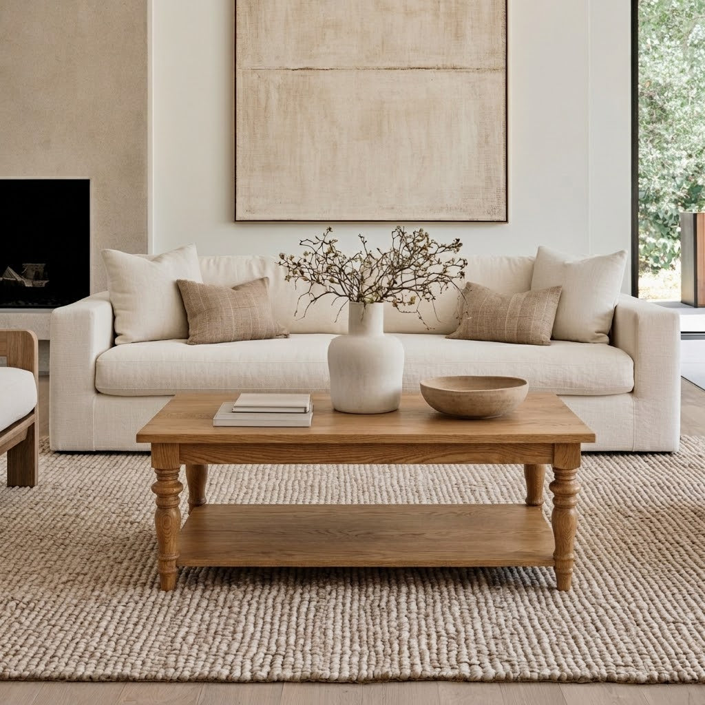 A neutral-toned living room with a beige sofa, two cushions, and The Lincoln Rectangle Coffee Table—handcrafted from solid wood and expertly finished by American craftsmen with a durable top coat—holds books, a vase with branches, and a bowl atop its surface, all set on a textured rug. A large abstract painting hangs on the wall behind.