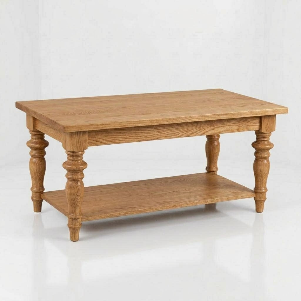 Meticulously crafted by skilled American artisans, The Lincoln Rectangle Coffee Table showcases four elegantly carved legs and a convenient lower shelf, all protected with a durable top coat for enduring appeal—presented against a white background.