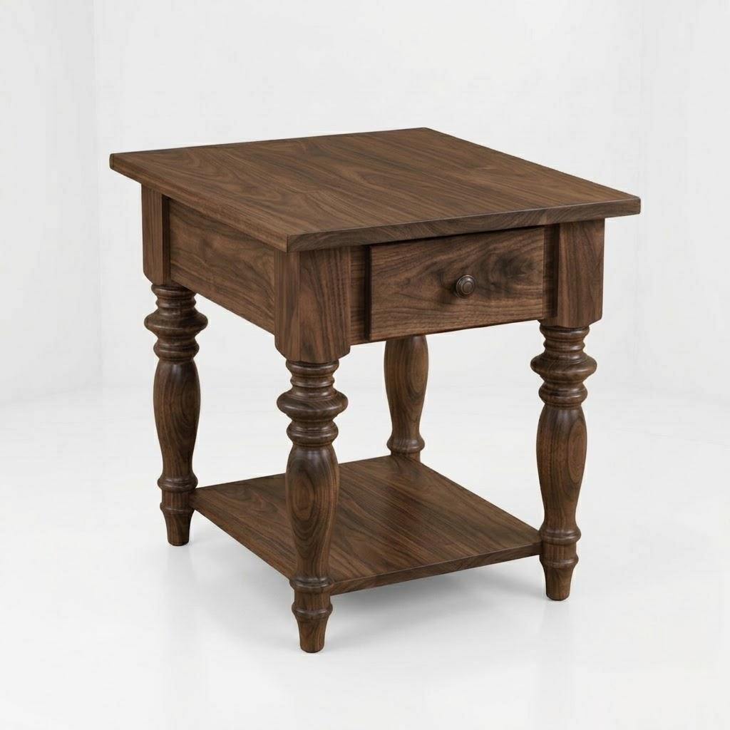 The Lincoln End Table is expertly handcrafted from solid wood by American craftsmen. Featuring turned legs, a single drawer with a round knob, and a lower shelf, this end table is finished in a rich dark wood and protected with a durable top coat. The table is showcased against a plain white background.