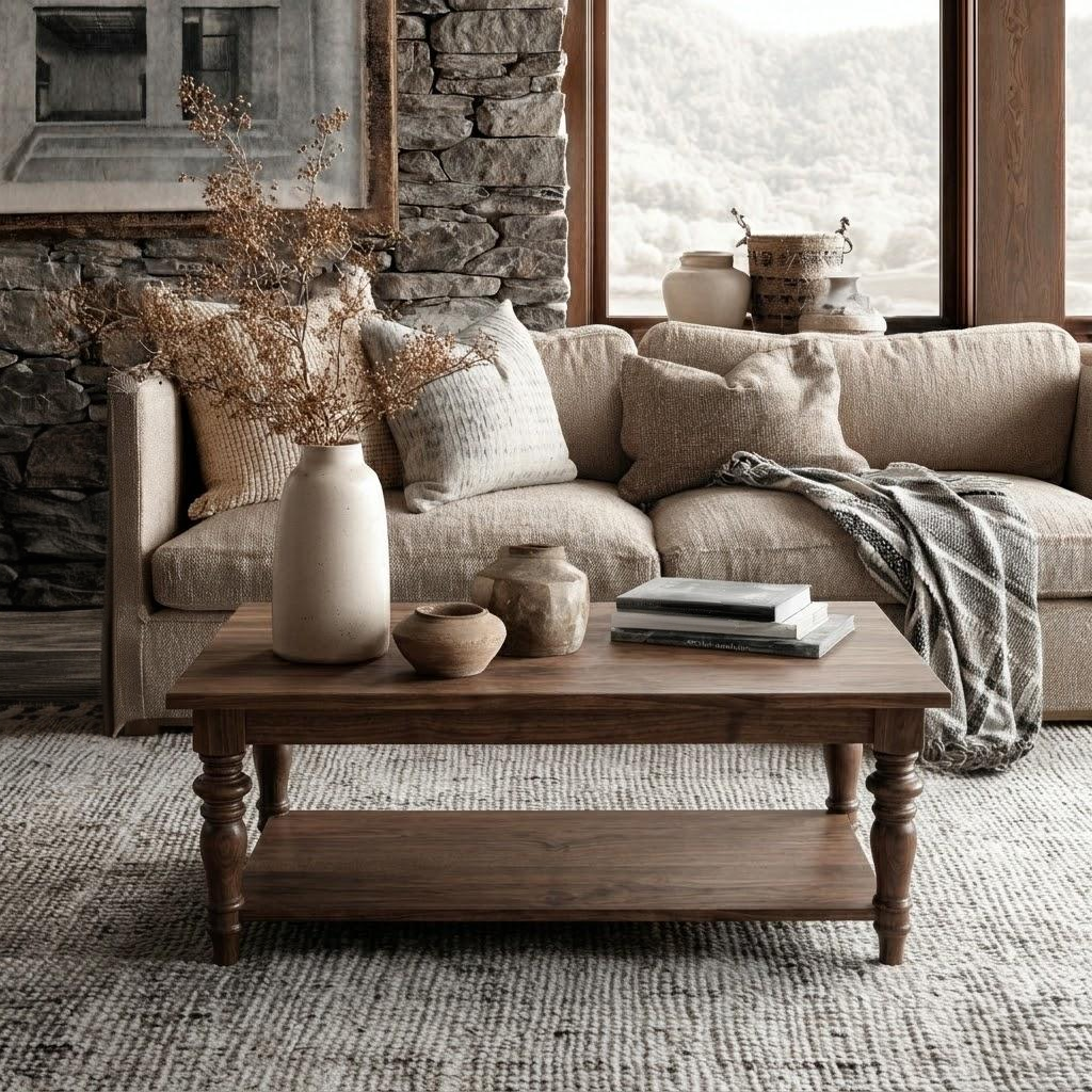 A cozy living room with a beige sofa, patterned pillows, and The Lincoln Rectangle Coffee Table—expertly handcrafted by American artisans—displaying vases and books. A textured rug grounds the space, while large windows reveal a scenic outdoor view. Every piece is finished with a durable top coat to ensure lasting beauty and comfort.