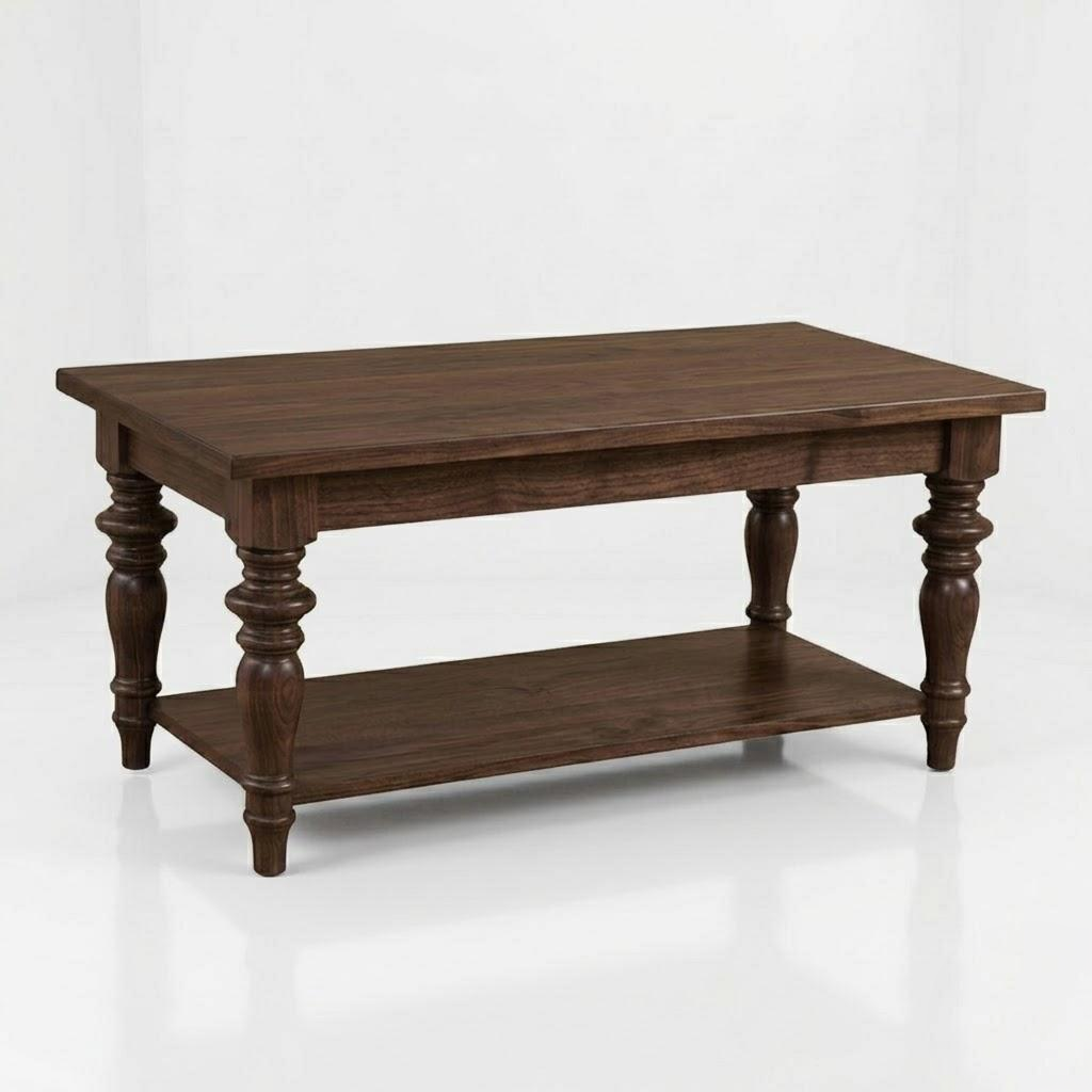 The Lincoln Rectangle Coffee Table, expertly handcrafted from solid wood by skilled American artisans, features elegantly carved legs and a convenient lower shelf, all showcased against a white background. Its durable top coat ensures long-lasting beauty and protection for everyday use.