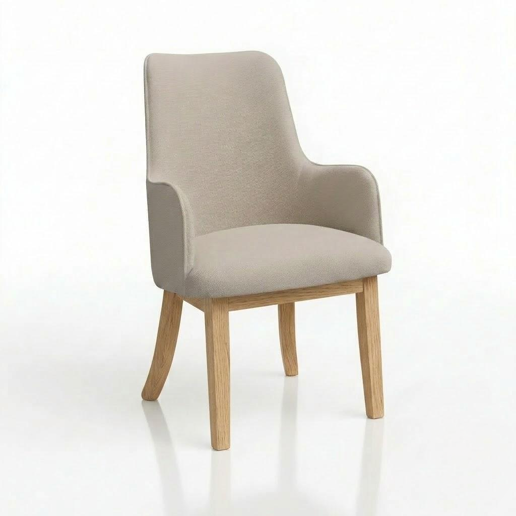 The Mabel Chair features modern design with light beige fabric upholstery, elegantly curved armrests, and four sturdy legs crafted from solid light-toned hardwood, all showcased against a plain white background.