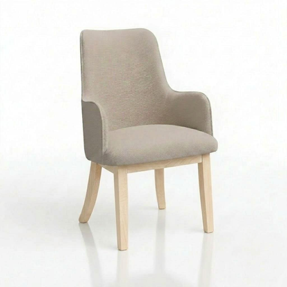 The Mabel Chair is a modern, light beige upholstered chair featuring curved armrests and light wooden legs crafted from solid hardwood, set against a plain white background.