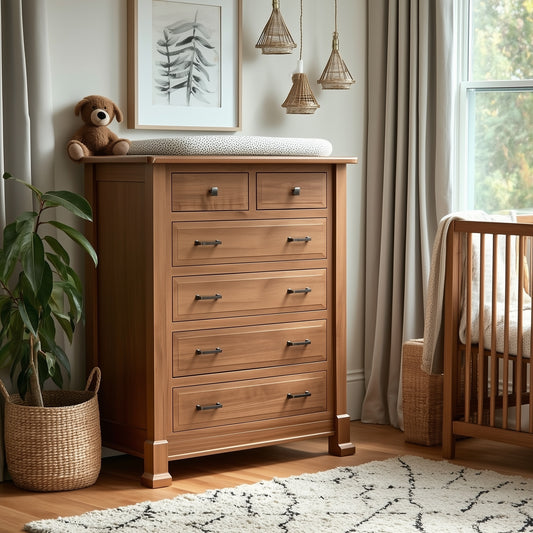 The Macon 6-Drawer Chest, topped with a changing pad and teddy bear, stands next to a crib in a cozy nursery. A plant, woven baskets, and hanging lights add warmth to the softly lit room.
