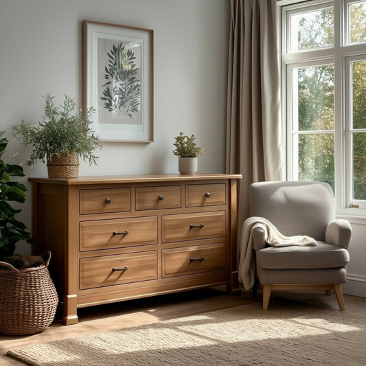 A cozy, sunlit room featuring The Macon 7-Drawer Dresser topped with plants, a framed botanical print on the wall, a soft armchair by a large window, a woven basket, and a textured rug on the floor.