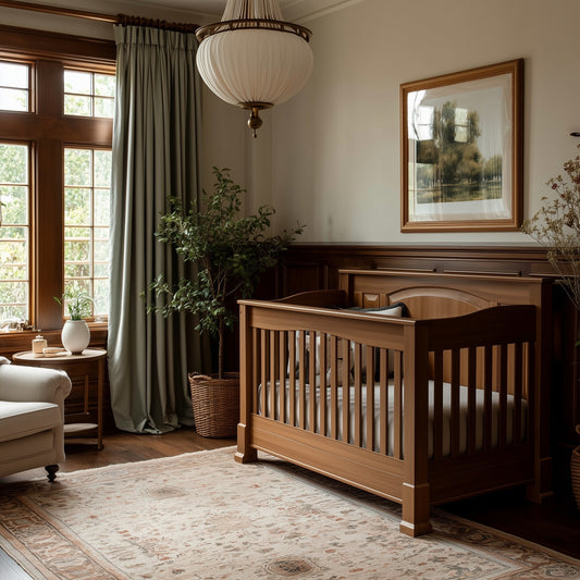 A cozy nursery featuring The Macon Crib, a large rug, armchair, potted plant, and long-curtained window. Warm natural light highlights the neutral tones and framed wall art in this inviting space.