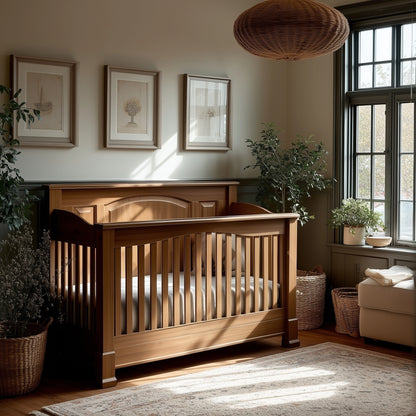 A cozy nursery features The Macon Crib, potted plants, wicker baskets, and framed nature art. Sunlight pours in from a large window, creating a warm and inviting atmosphere.