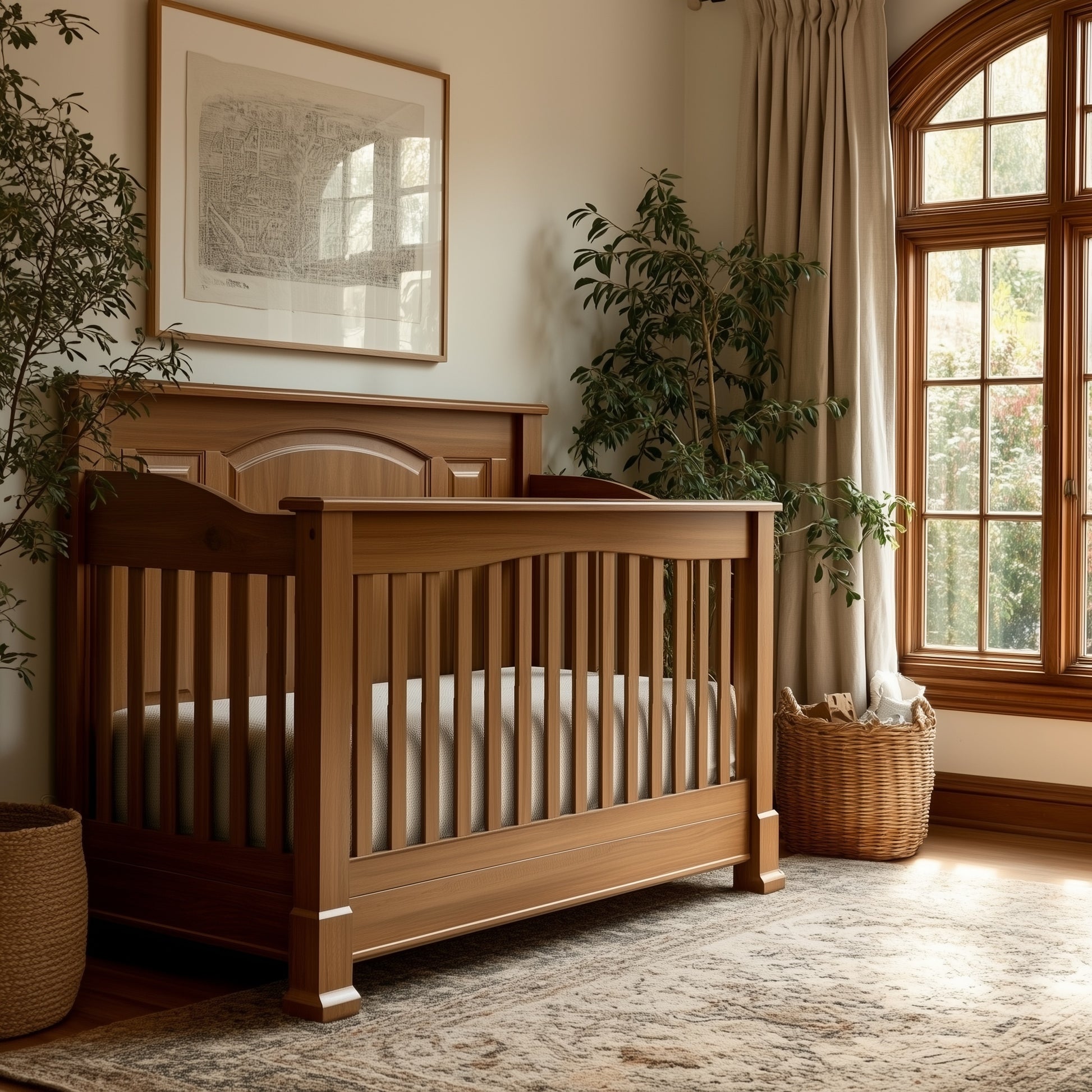 A cozy nursery features The Macon Crib, framed wall art, tall potted plants, a large window with beige curtains, a woven basket, and a patterned rug on hardwood floors bathed in natural light.