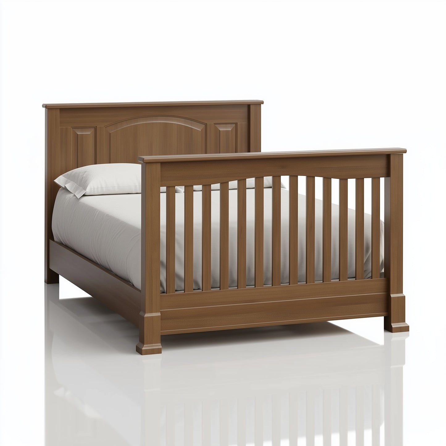 The macon crib converted into a twin bed, on white. 