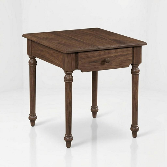 The Marcy End Table is a handcrafted wooden square side table featuring a single drawer and four turned legs, made from solid wood by skilled American craftsmen and finished with a durable top coat, shown against a plain white background.