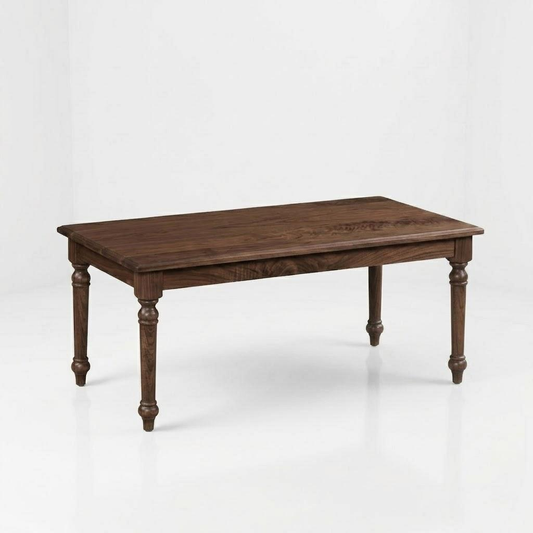 The Marcy Rectangle Coffee Table, handcrafted from solid wood by American craftsmen, features a dark finish and four turned legs, and is displayed against a plain white background.