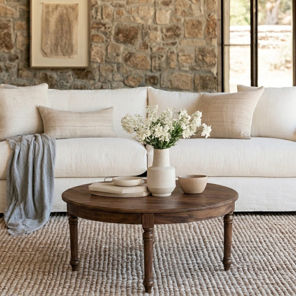 A cozy living room with a white sofa, beige pillows, a gray throw, and The Marcy Round Coffee Table—handcrafted in the USA—displaying books, bowls, and a vase filled with white flowers. All of this rests atop a textured beige rug with a stone wall as the backdrop. The solid wood Marcy Coffee Table is finished with a durable top coat for lasting beauty and resilience.