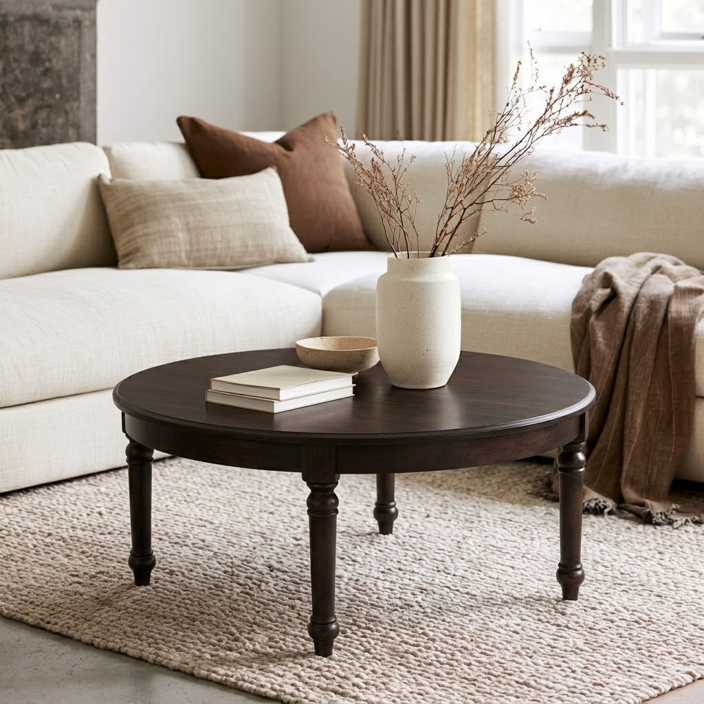 The Marcy Round Coffee Table—a dark, solid wood piece handcrafted in the USA—sits atop a textured rug in front of a cream sectional sofa adorned with neutral pillows and a brown throw. Styled with books, a ceramic vase filled with dried branches, and a bowl, this coffee table’s durable top coat ensures lasting beauty and resilience for everyday living in your bright, cozy living room.