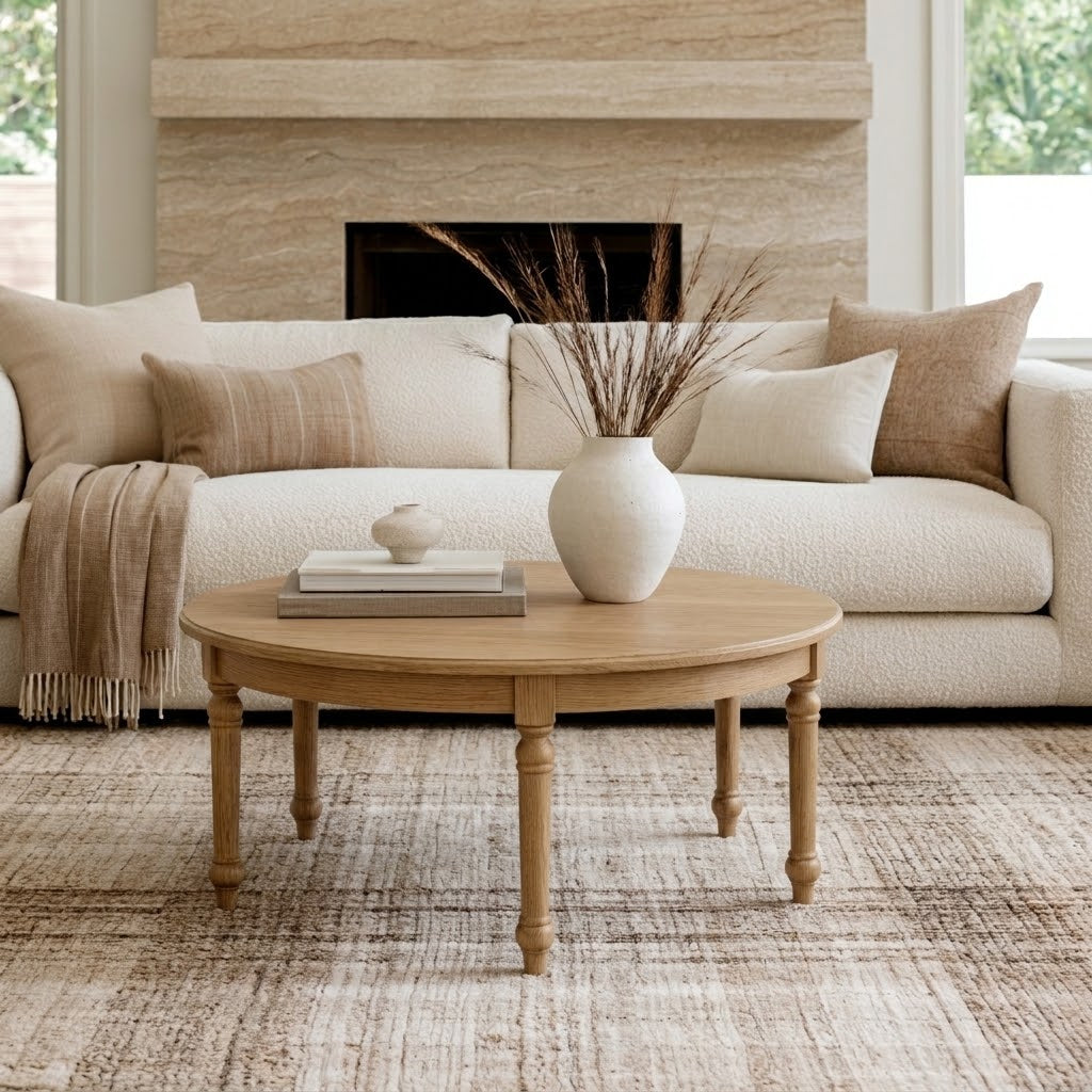 A cozy living room with a light beige sofa, neutral pillows, a tan throw, and The Marcy Round Coffee Table—handcrafted in the USA from solid wood. The table features a durable top coat and holds a white vase of dried grasses and books, all resting on a textured rug in front of a stone fireplace.