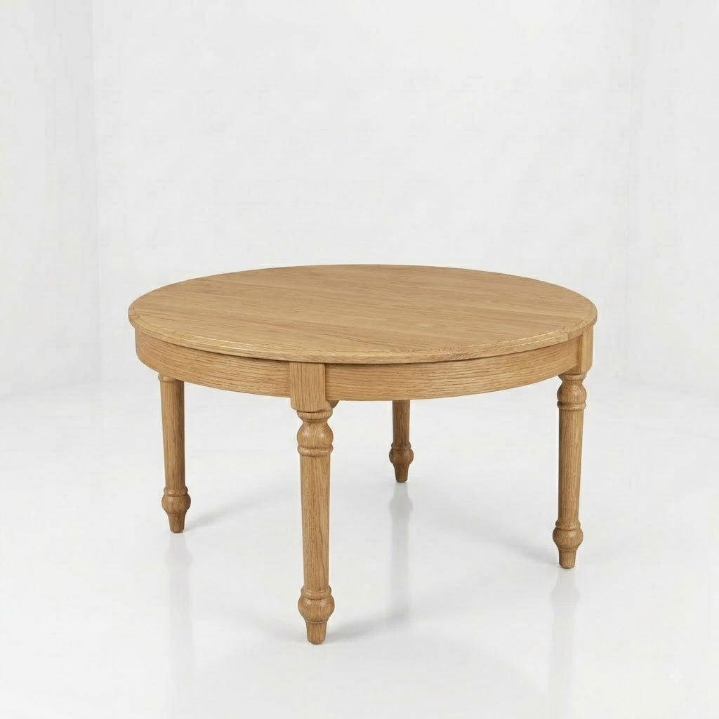 The Marcy Round Coffee Table, set against a plain white background, is handcrafted in the USA and features a light wood finish with four carved legs. Its simple, classic design highlights the beauty of solid wood furniture.