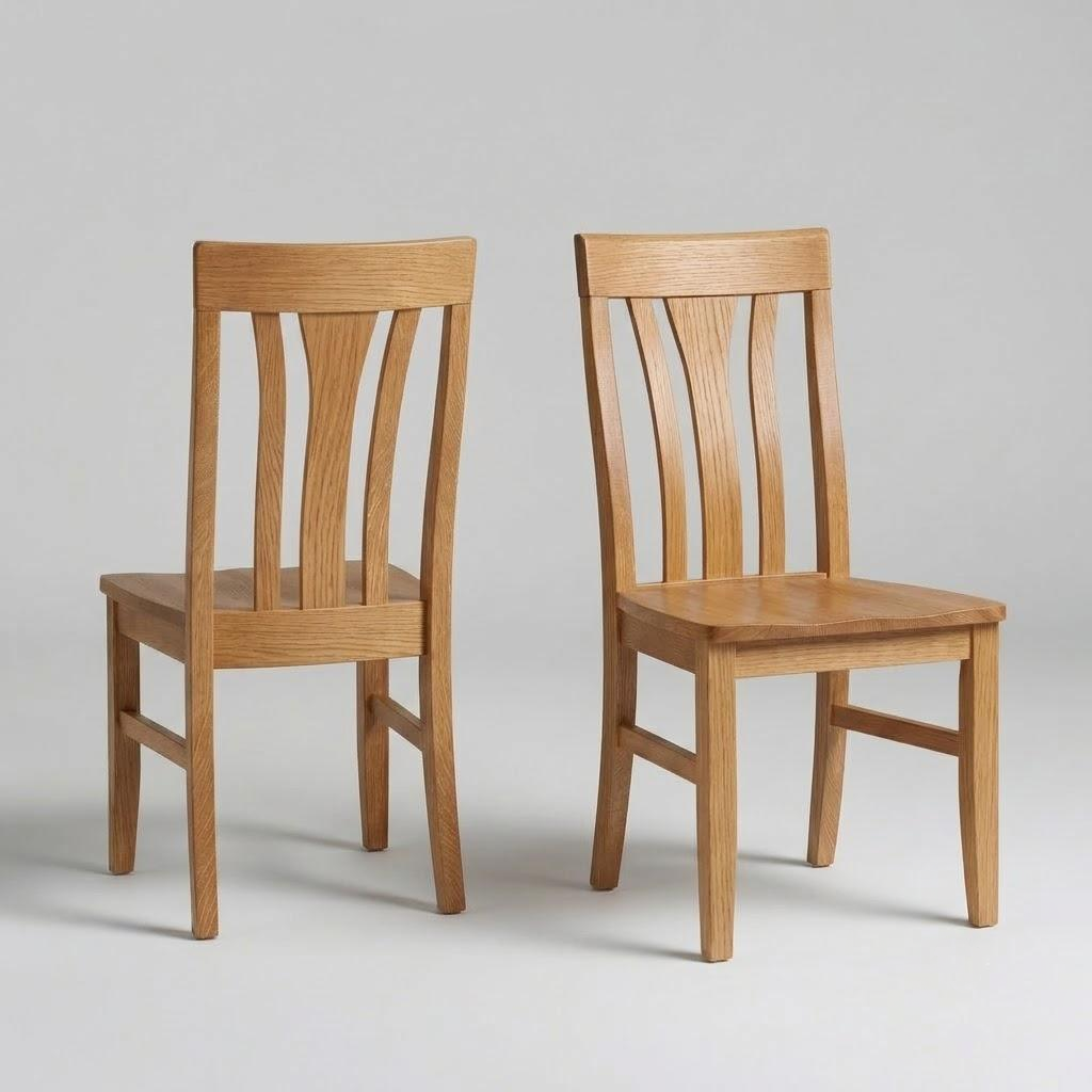 Two Marigold Chairs, handcrafted in the USA from solid hardwood, with slatted backs and square seats are positioned side by side on a plain background. One chair faces forward while the other is angled slightly to the side, highlighting the timeless appeal of this durable wood furniture.