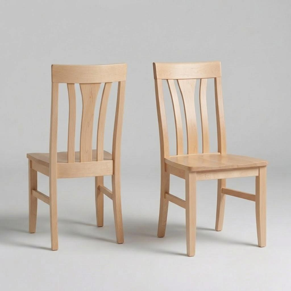 Two Marigold Chairs, handcrafted in the USA from solid hardwood with light wood finishes, feature slatted backs and square seats. They are placed side by side on a plain, light gray background—one chair facing forward and the other angled slightly to the side.