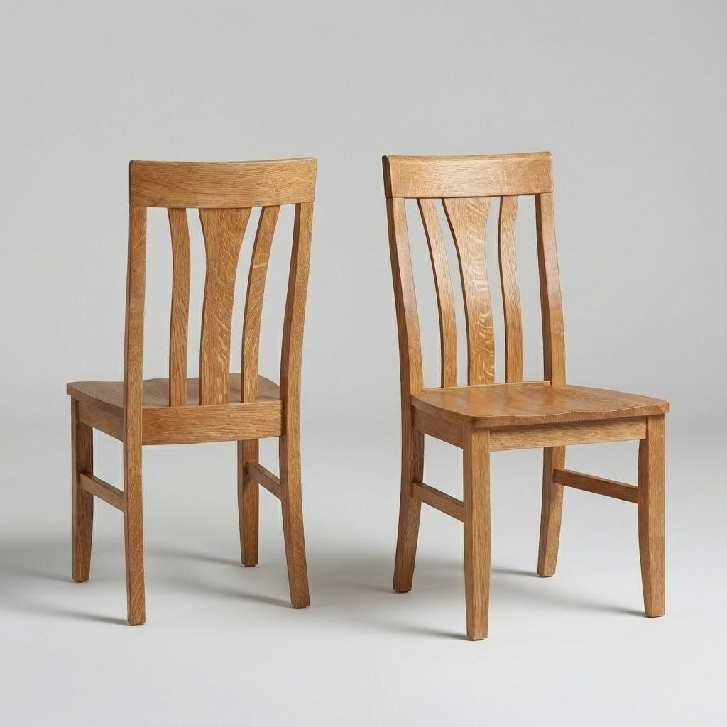 Two wooden solid handcrafted usa made quarter-sawn white oak dining chairs on a gray background