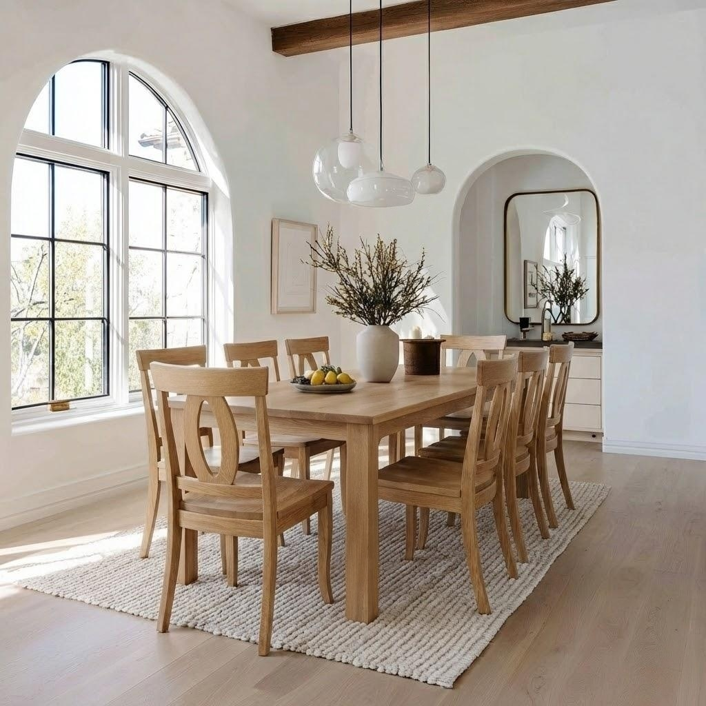 Dining room with wooden table and chairs, large windows, and a rug.