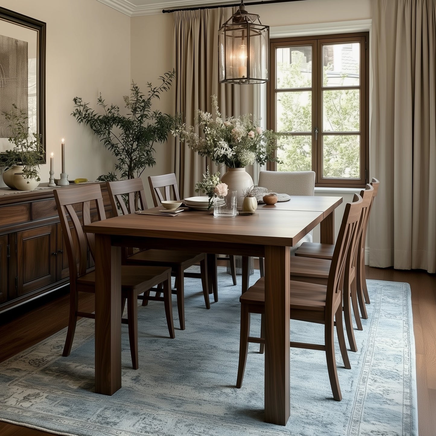 A cozy dining room features The Marshall Dining Table, handcrafted in the USA from solid walnut with extension leaves, eight chairs on a light blue rug, vases of flowers, a lit candle, framed art, and a lantern pendant by beige-curtained windows.