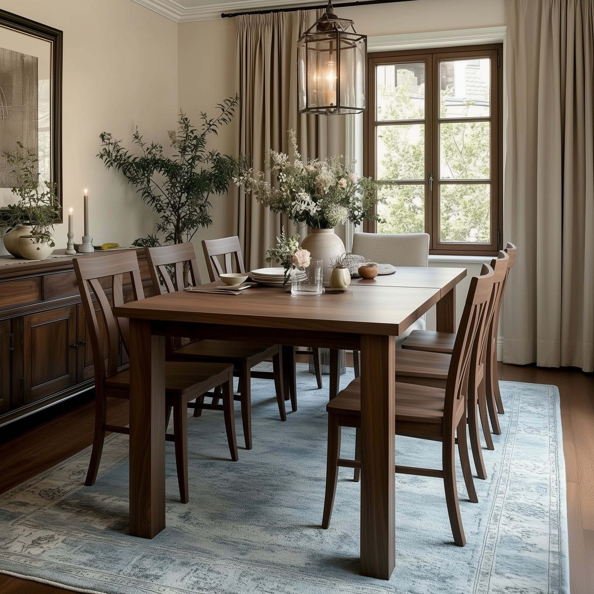A cozy dining room features The Marshall Dining Table, handcrafted in the USA from solid walnut with extension leaves, eight chairs on a light blue rug, vases of flowers, a lit candle, framed art, and a lantern pendant by beige-curtained windows.