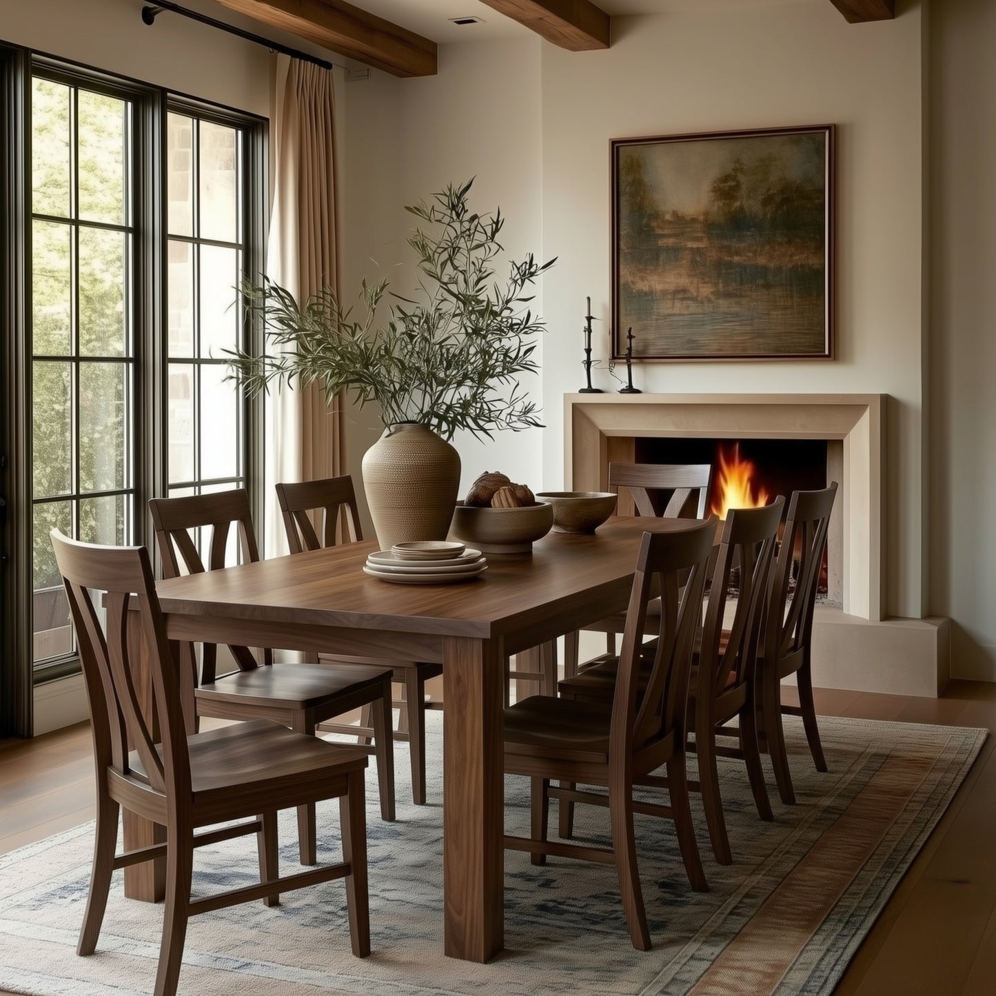 The Marshall fixed length walnut dining table and walnut chairs in a room with a lit fireplace, box beams on the ceiling and long neutral drapes. Old wold painting and rug.