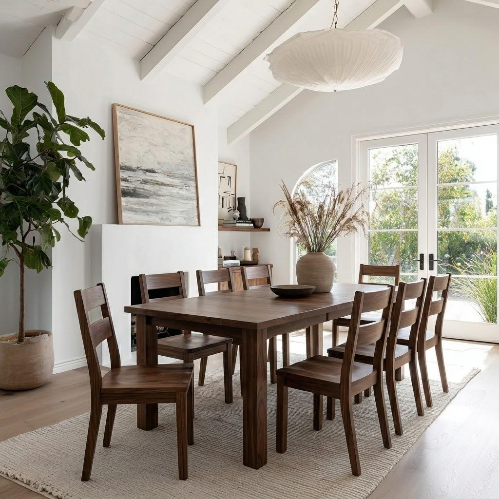 solid walnut extendable dining table usa made handcrafted solid hardwood with matching walnut chairs. white dining room with fireplace, jute rug and fiddle leaf tree.
