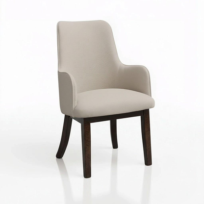 An upholstered dining chair with a light beige fabric seat and backrest, supported by four dark brown wooden legs, shown on a white background.