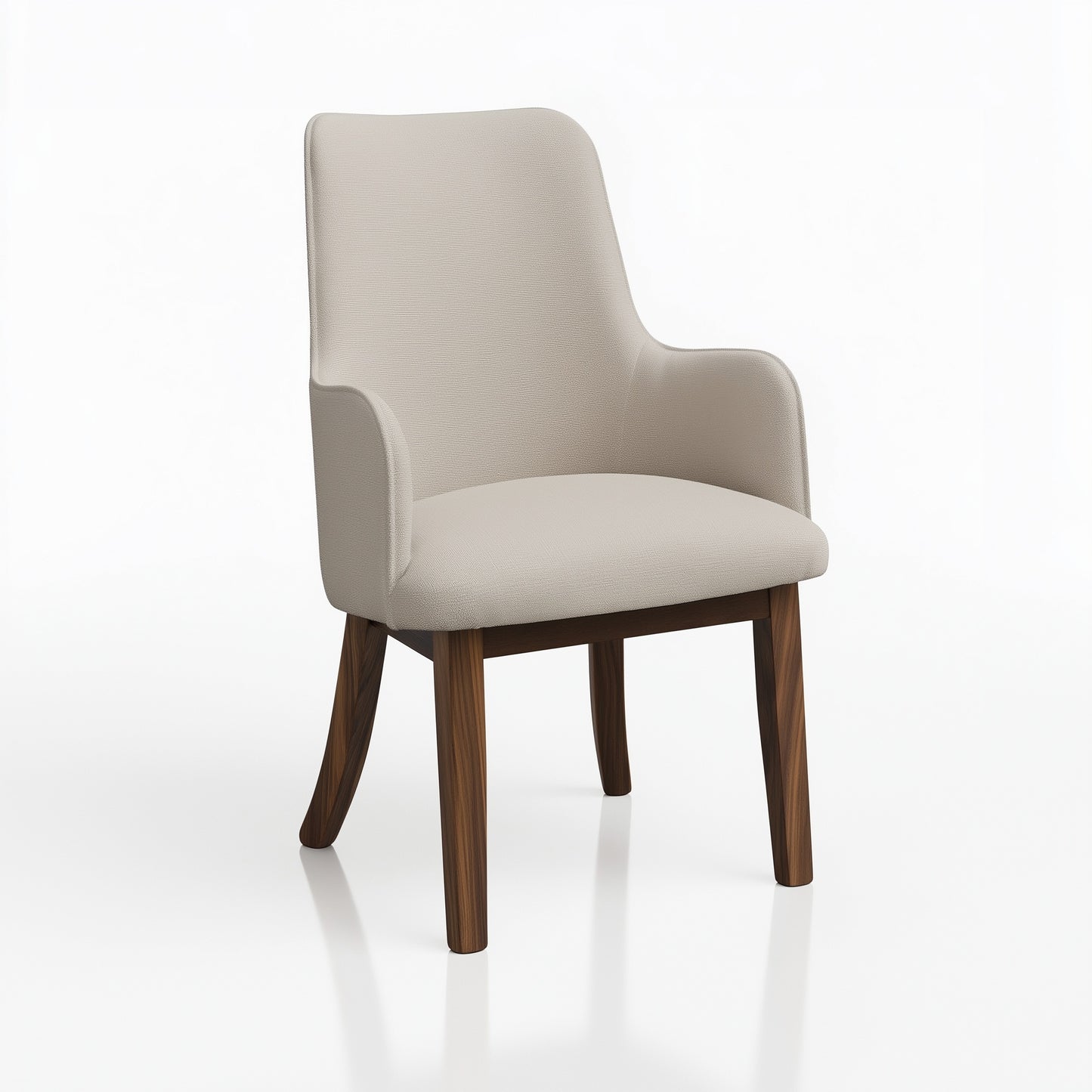 The Mabel Chair is a modern beige armchair with a curved backrest and seat, premium upholstery, smooth wooden legs, and a minimalistic design, shown against a plain white background.