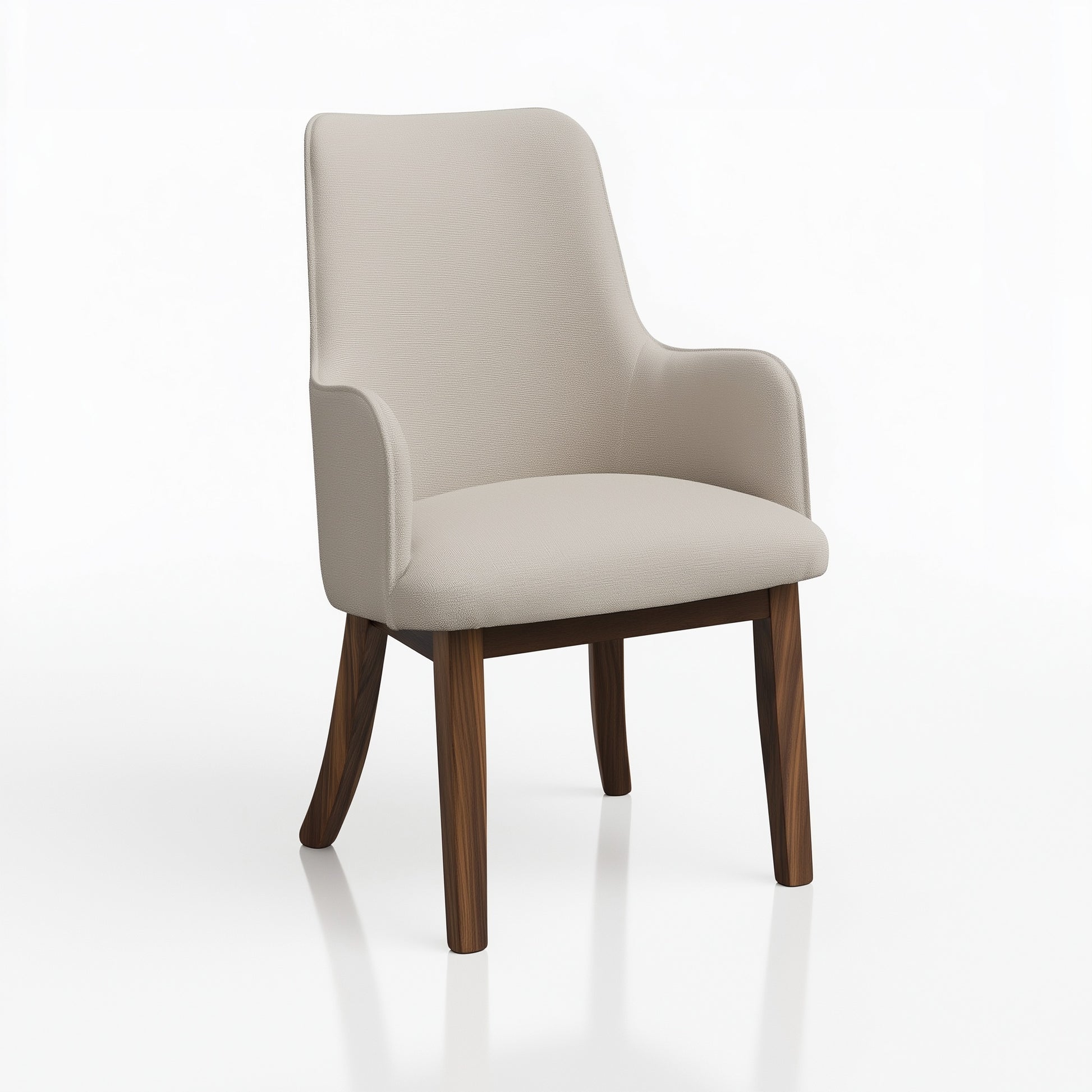The Mabel Chair is a modern beige armchair with a curved backrest and seat, premium upholstery, smooth wooden legs, and a minimalistic design, shown against a plain white background.