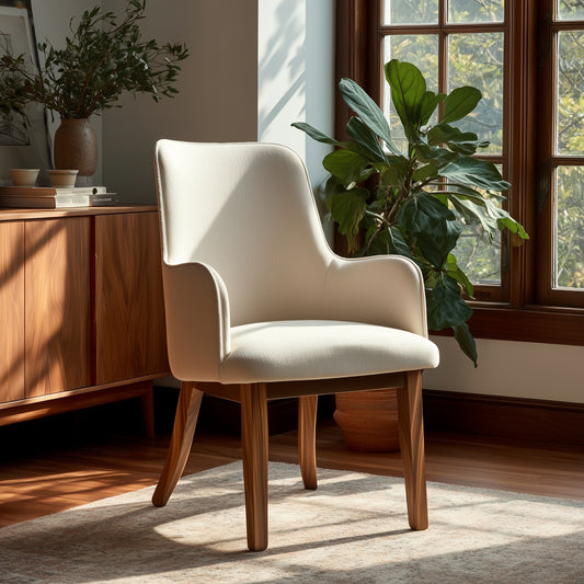 The Mabel Chair—a modern solid walnut dining chair with premium upholstery—sits on a light rug by a large window, beside a wooden sideboard and a leafy plant in a sunlit, cozy room.