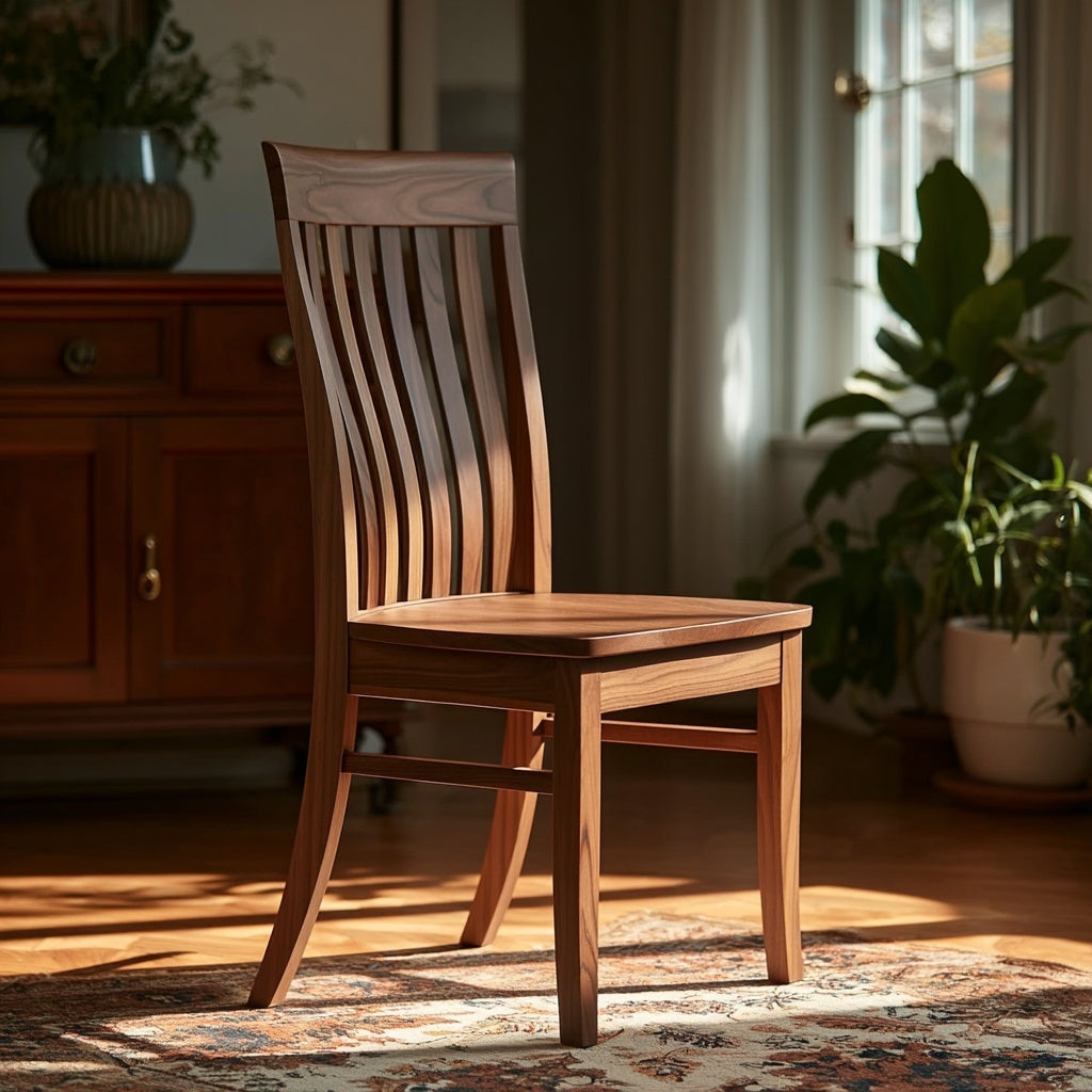 The Morgan Chair, handcrafted in the USA from solid walnut with a slatted backrest, sits on a patterned rug in a sunlit room among potted plants and wooden furniture, sunlight streaming through the window.