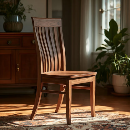 The Morgan Chair, handcrafted in the USA from solid walnut with a slatted backrest, sits on a patterned rug in a sunlit room among potted plants and wooden furniture, sunlight streaming through the window.