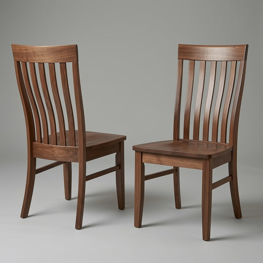 front and back side by side image of two morgan solid walnut usa premium custom dining chairs.