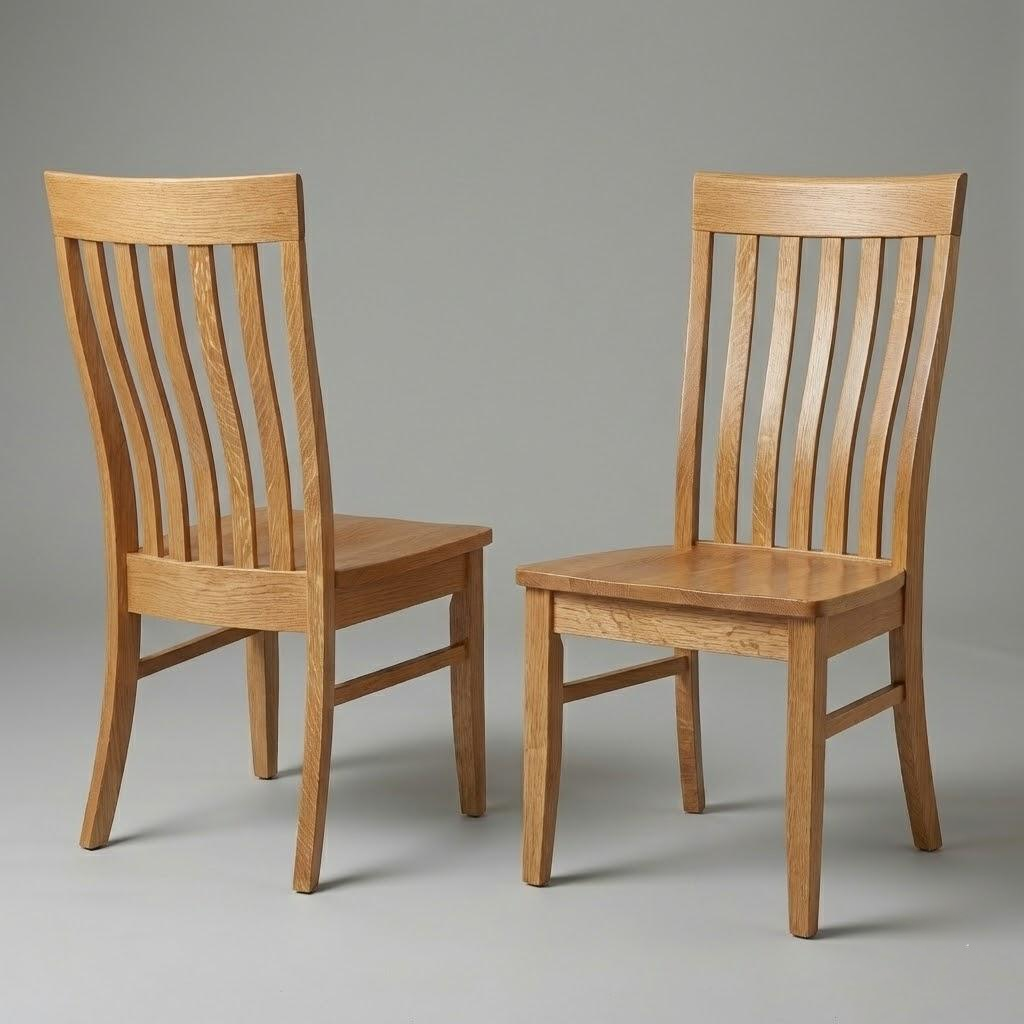 front and back two side by side solid hardwood usa handcrafted custom quarter-sawn white oak dining chairs on white.