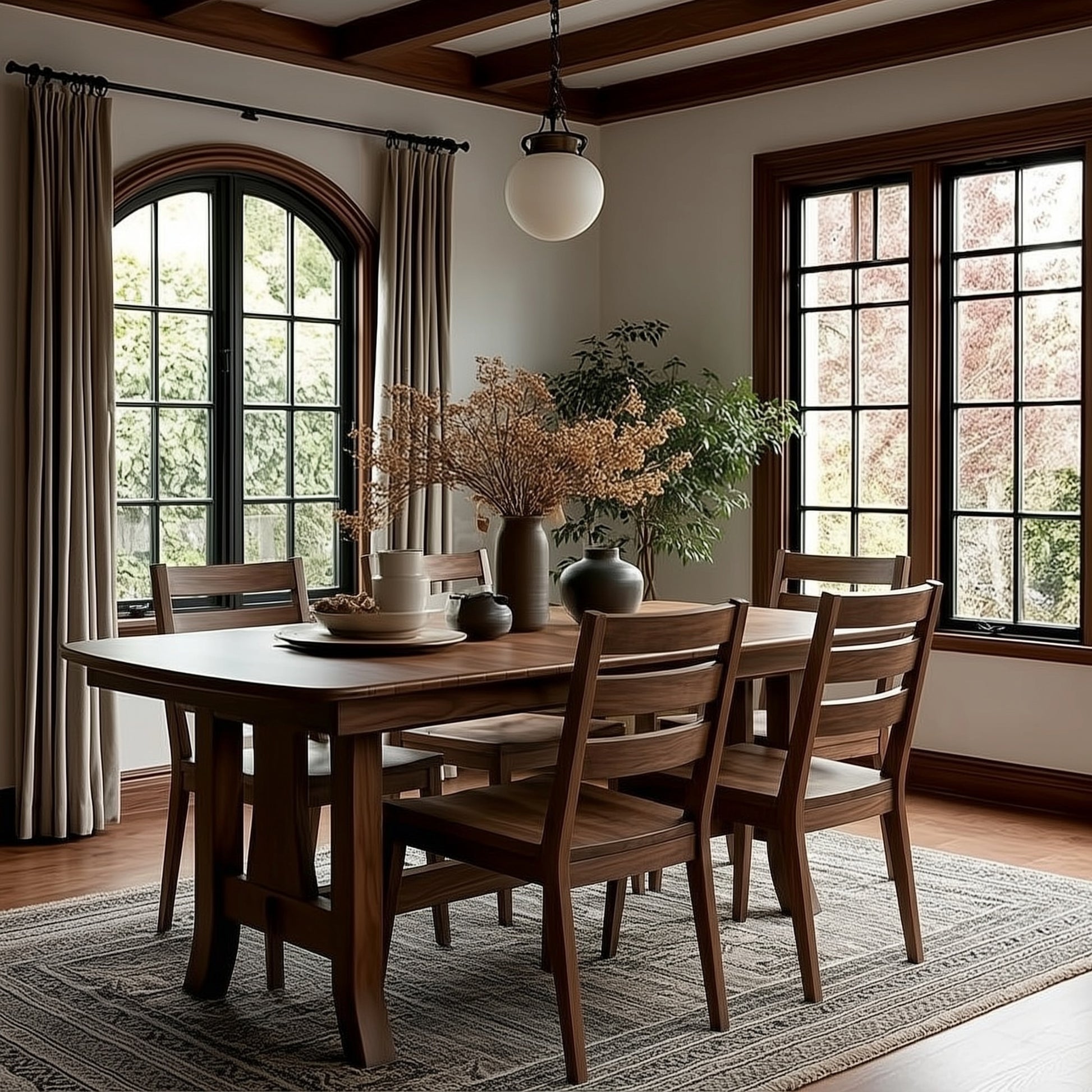 Dining room with wooden table and chairs, large windows, and decorative elements.