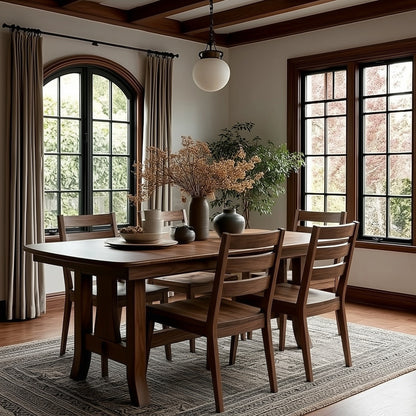 Dining room with wooden table and chairs, large windows, and decorative elements.