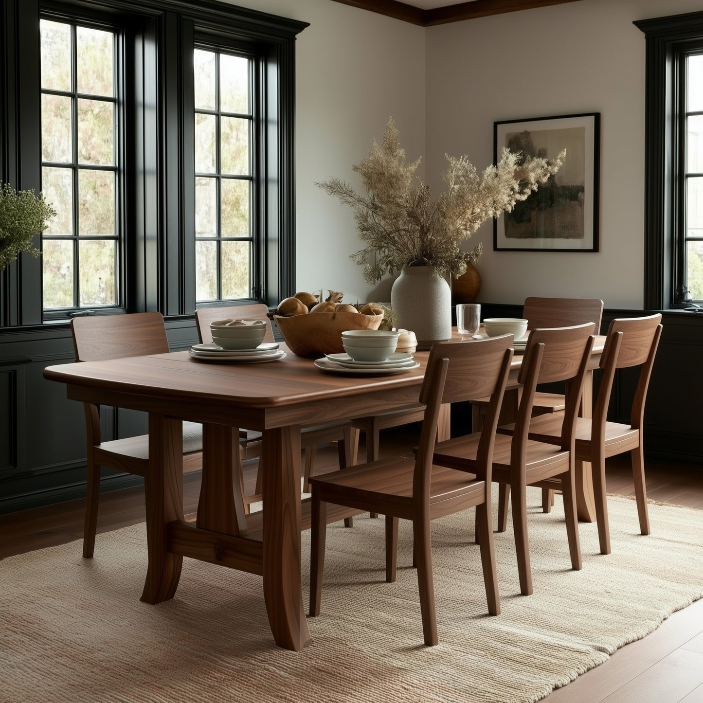 A modern dining room showcases The Morris Dining Table with six matching chairs, set with plates and bowls. A large vase of dried plants serves as a centerpiece as sunlight pours through black-trimmed windows, illuminating the neutral space.