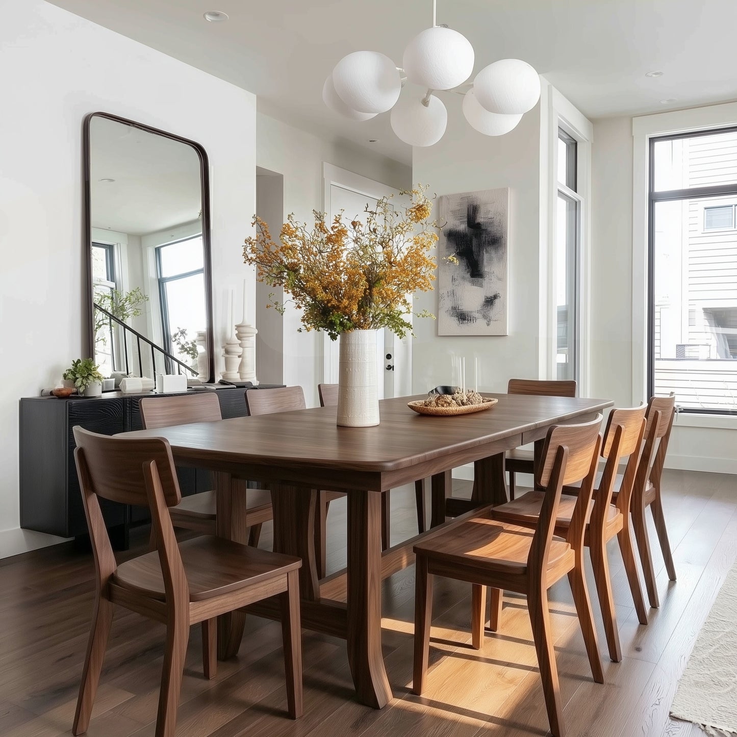 solid walnut handcrafted heirloom walnut table with 8 walnut chairs in a white modern organic dining room.