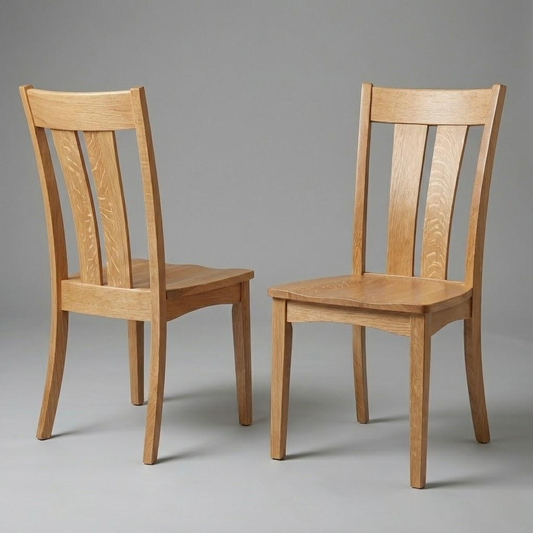 front and back two custom solid hardwood quarter-sawn white oak handcrafted in the USA dining chairs on white.