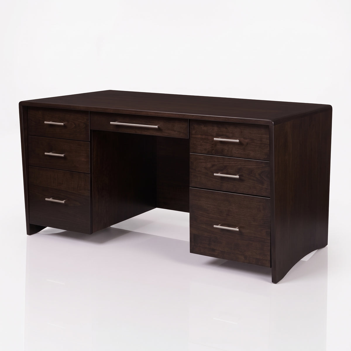 A dark brown wooden writing desk with three drawers on each side and a single drawer across the top front, featuring slim silver metal handles, set against a plain white background.