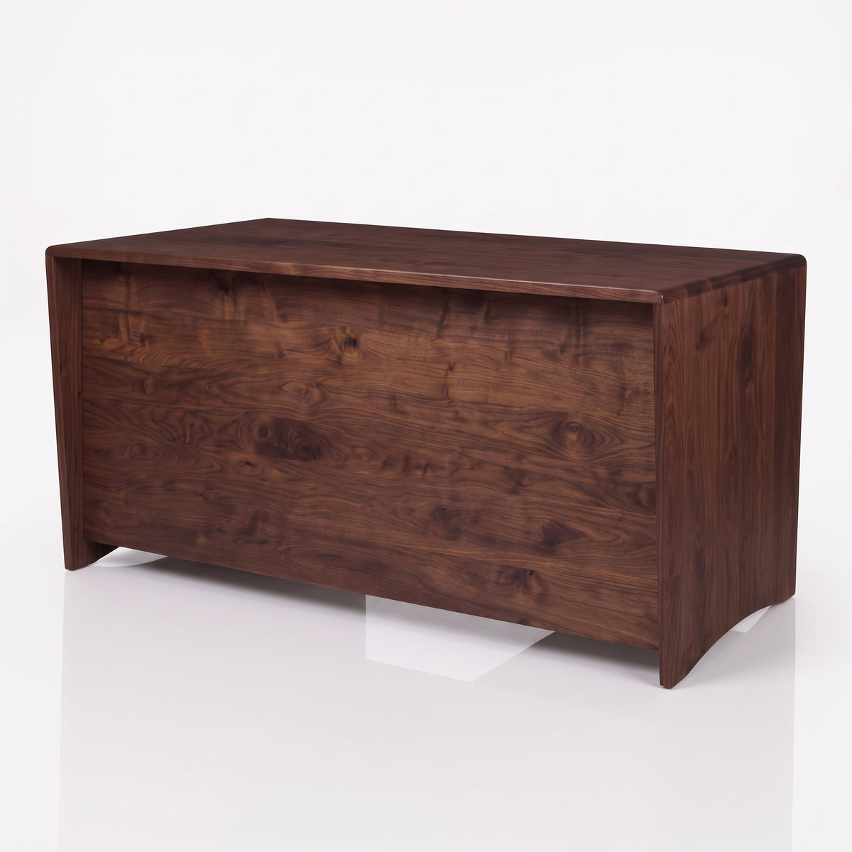 A rectangular wooden chest or bench with a rich dark brown walnut finish, shown from a three-quarter angle on a clean white studio background.